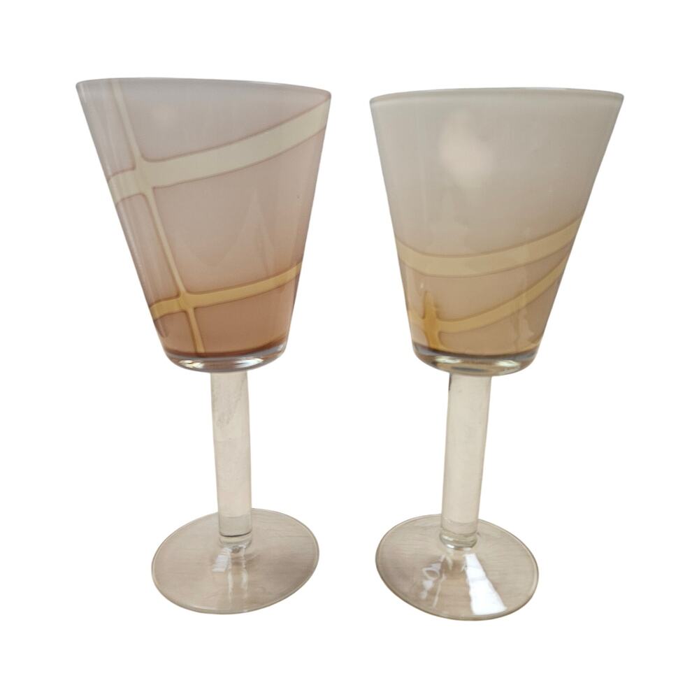 Vintage Pier 1 Italian Hand Blown Glass Goblets Sand Beige Grid MCM Set of 2